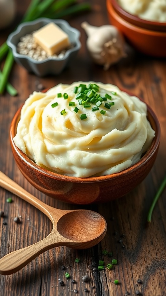 Creamy garlic mashed potatoes in a bowl, garnished with chives, on a rustic wooden table.